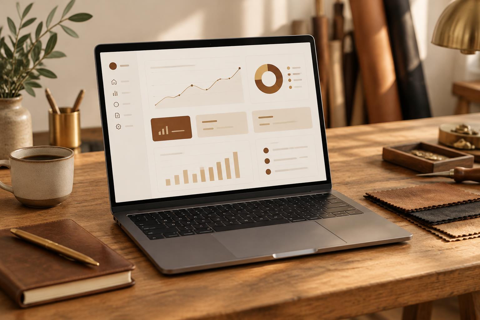 A laptop showing a business dashboard on a wooden workbench